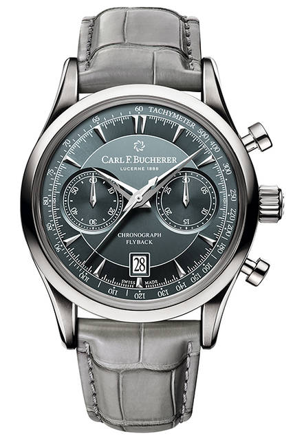 <strong>Manero Flyback<br /> マネロ フライバック</strong><br /> <br /> ムーブメント｜自動巻き（ラ・ジュー・ペレ社がカール F. ブヘラのために製造）<br /> クロノグラフ｜フライバック式（クロノグラフ針を止めずに、リセットボタンを押せる特別仕様）<br /> サブダイヤル｜スモールセコンド（左）、30分積算計（右）<br /> ケース素材｜SS<br /> ケース径｜43mm<br /> ケースバック｜シースルー<br /> ストラップ｜アリゲーター<br /> 防水｜3気圧<br /> 価格｜103万円（税別予価）