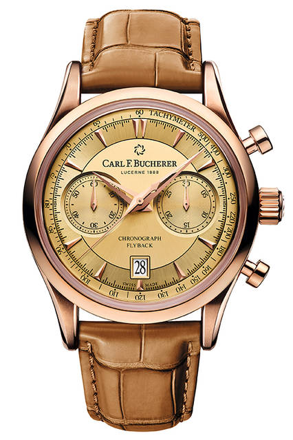 <strong>Manero Flyback<br /> マネロ フライバック</strong><br /> <br /> ムーブメント｜自動巻き（ラ・ジュー・ペレ社がカール F. ブヘラのために製造）<br /> クロノグラフ｜フライバック式（クロノグラフ針を止めずに、リセットボタンを押せる特別仕様）<br /> サブダイヤル｜スモールセコンド（左）、30分積算計（右）<br /> ケース素材｜18Kローズゴールド<br /> ケース径｜43mm<br /> ケースバック｜シースルー<br /> ストラップ｜アリゲーター<br /> 防水｜3気圧<br /> 価格｜252万円（税別予価）<br />