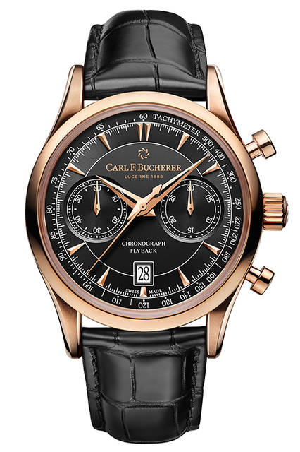 <strong>Manero Flyback<br /> マネロ フライバック</strong><br /> <br /> ムーブメント｜自動巻き（ラ・ジュー・ペレ社がカール F. ブヘラのために製造）<br /> クロノグラフ｜フライバック式（クロノグラフ針を止めずに、リセットボタンを押せる特別仕様）<br /> サブダイヤル｜スモールセコンド（左）、30分積算計（右）<br /> ケース素材｜18Kローズゴールド<br /> ケース径｜43mm<br /> ケースバック｜シースルー<br /> ストラップ｜アリゲーター<br /> 防水｜3気圧<br /> 価格｜252万円（税別予価）<br />