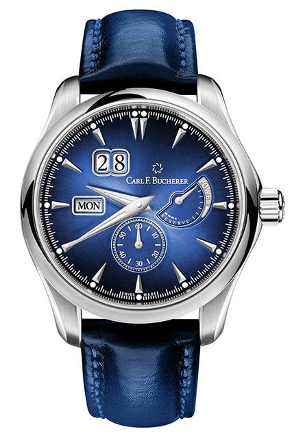 <strong>Manero PowerReserve<br /> マネロ パワーリザーブ</strong><br /> <br /> ムーブメント｜自動巻き（自社製造。Cal.CFB1011）<br /> 機能｜パワーリザーブ表示、ビッグデイト、曜日表示<br /> パワーリザーブ時間｜約55時間<br /> ケース素材｜SS<br /> ケース径｜42.5mm<br /> ケースバック｜シースルー<br /> ストラップ｜カーフスキン<br /> 防水｜3気圧<br /> 限定数｜世界限定188本<br /> 価格｜123万円（税別予価）<br />