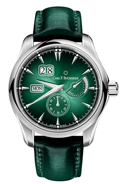 <strong>Manero PowerReserve<br /> マネロ パワーリザーブ</strong><br /> <br /> ムーブメント｜自動巻き（自社製造。Cal.CFB1011）<br /> 機能｜パワーリザーブ表示、ビッグデイト、曜日表示<br /> パワーリザーブ時間｜約55時間<br /> ケース素材｜SS<br /> ケース径｜42.5mm<br /> ケースバック｜シースルー<br /> ストラップ｜カーフスキン<br /> 防水｜3気圧<br /> 限定数｜世界限定188本<br /> 価格｜123万円（税別予価）<br />