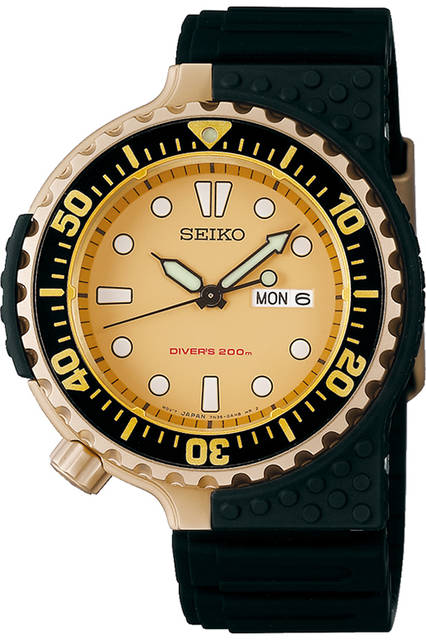 <strong>SEIKO PROSPEX DIVER SCUBA LIMITED EDITION<br /> Produced by GIUGIARO DESIGN<br /> セイコー プロスペックス ダイバースキューバ ジウジアーロ・デザイン限定モデル</strong><br /> <br /> リファレンス｜SBEE002<br /> ムーブメント｜クオーツ<br /> ケース素材｜ゴールド色硬質コーティングを施したSS<br /> ケースバック｜SS（限定シリアルナンバー入り）<br /> ケース径｜43.8mm<br /> プロテクター素材｜強化プラスチック<br /> ストラップ素材｜強化シリコン<br /> 防水｜200ｍ空気潜水用防水<br /> 価格｜4万5000円(税別)<br /> 発売日｜6月9日（金）予定<br /> 限定数｜各2000本<br />