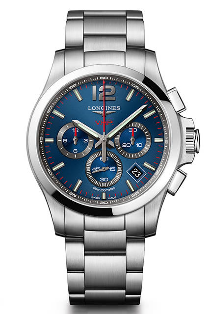 <strong>コンクエスト V.H.P.</strong><br /> <br /> Ref｜L3.717.4.96.6<br /> 精度｜年差±5秒<br /> 機能｜スマートクラウン　※時差修正時、リューズを勢い良く回すと、針を一時間分スムーズに送ることができる<br /> ケース及びブレスレット素材｜ステンレススチール<br /> ケース径｜42mm<br /> 価格｜17万0000円　※ともに税別予価<br /> 発売｜●月発売予定<br />