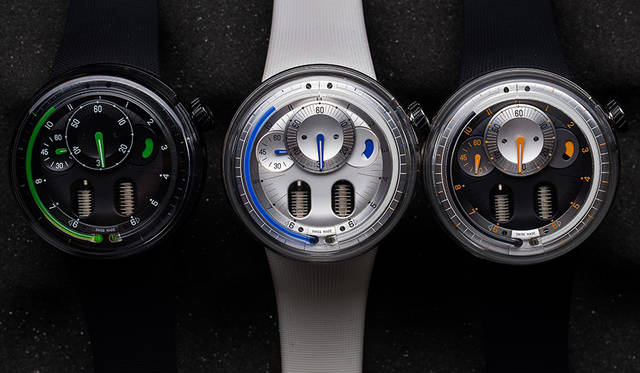 <strong>H0ブラック　H0シルバー　H0オレンジ</strong><br /> <br /> ムーブメント｜手巻き（特殊HYTキャリバー）<br /> パワーリザーブ｜65時間<br /> ダイアル｜時刻を示す液体を注入したキャピラリーのほか、小秒針、分針、パワーリザーブインジケーター<br /> ケース素材｜チタン（DLC加工もしくはサテン仕上げ）<br /> ケース径｜48.8mm<br /> ケースバック｜シースルー<br /> 防水｜3気圧<br /> ストラップ｜ラバー<br /> 価格｜560万円（税別）<br /> 発売時期｜7月発売予定