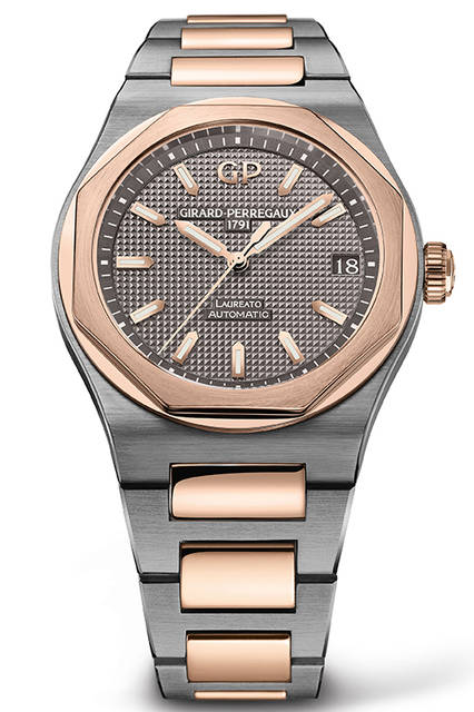 <strong>ロレアート 42mm</strong><br /> <br /> ムーブメント｜自動巻き（Cal.GP01800）<br /> ケース素材｜チタンと18KPGのコンビ<br /> ケース径｜42mm<br /> ストラップ｜チタンと18KPGのコンビ<br /> ケースバック｜シースルー<br /> 防水｜5気圧<br /> 価格｜244万円（税別）