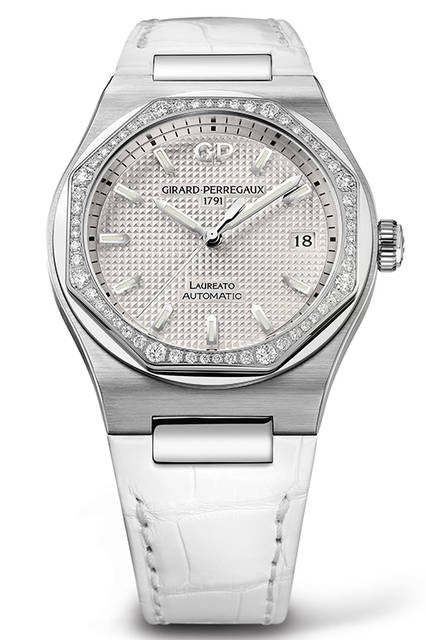 <strong>ロレアート 38mm</strong><br /> <br /> ムーブメント｜自動巻き（Cal.GP03300）<br /> ケース素材｜ベゼルに56個のダイヤをセットしたSS<br /> ケース径｜38mm<br /> ストラップ｜アリゲーター（交換用ラバーストラップ付き）<br /> ケースバック｜シースルー<br /> 防水｜10気圧<br /> 価格｜147万円（税別）