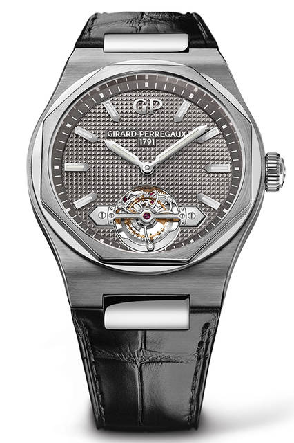 <strong>ロレアート トゥールビヨン</strong><br /> <br /> ムーブメント｜自動巻き（Cal.GP09510-0002）<br /> ケース素材｜18KWGとチタン<br /> ケース径｜45mm<br /> ストラップ｜アリゲーター<br /> 防水｜3気圧<br /> 価格｜1110万円（税別）