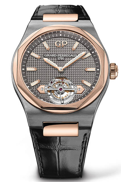 <strong>ロレアート トゥールビヨン</strong><br /> <br /> ムーブメント｜自動巻き（Cal.GP09510-0001）<br /> ケース素材｜18KPGとチタン<br /> ケース径｜45mm<br /> ストラップ｜アリゲーター<br /> 防水｜3気圧<br /> 価格｜1167万円（税別）