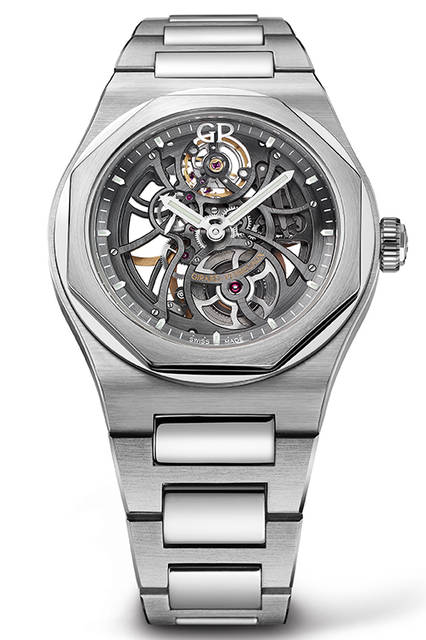 <strong>ロレアート スケルトン</strong><br /> <br /> ムーブメント｜自動巻き（Cal.GP01800-0006）<br /> ケース素材｜SS<br /> ケース径｜42mm<br /> ブレスレット素材｜SS<br /> 防水｜10気圧<br /> 価格｜345万円（税別）