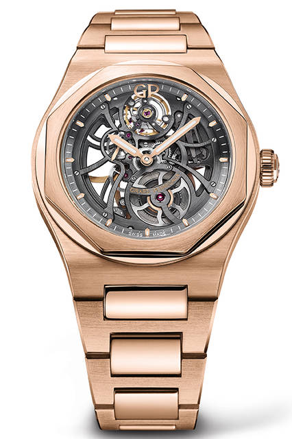 <strong>ロレアート スケルトン</strong><br /> <br /> ムーブメント｜自動巻き（Cal.GP01800-0006）<br /> ケース素材｜18KPG<br /> ケース径｜42mm<br /> ブレスレット素材｜18KPG<br /> 防水｜5気圧<br /> 価格｜654万円（税別）