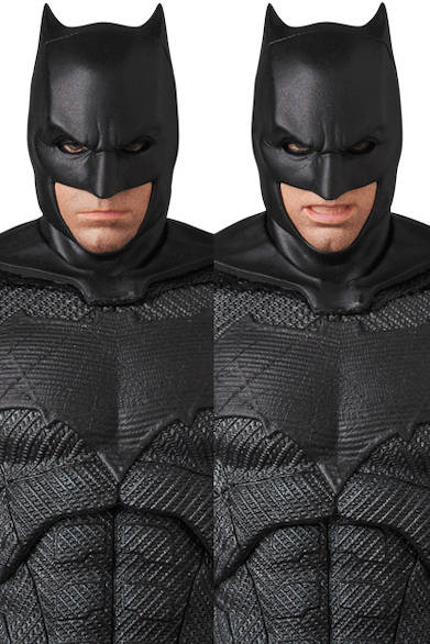 <strong>MAFEX BATMAN</strong>全高約160mm。別表情の頭部パーツ、各種手首パーツ、グラップネルガン、バットラング、可動式フィギュアスタンド付き。原型製作／PERFECT-STUDIO。6800円（税別）。2018年1月発売予定。 ※監修中のサンプルを撮影しているため、発売商品とは一部異なる場合があります。 JUSTICE LEAGUE and related characters and elements © & ™ DC Comics. Warner Bros. Entertainment Inc. (s17)