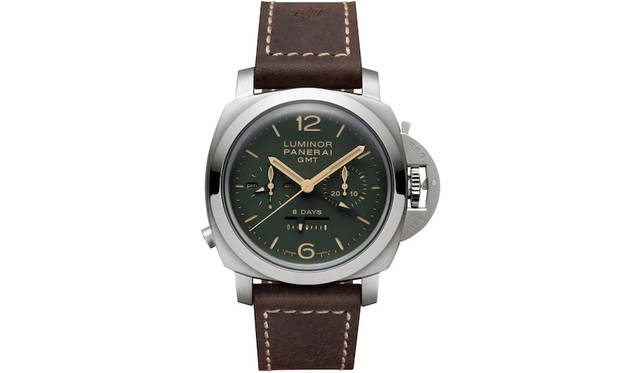 <strong>ルミノール1950クロノ モノプルサンテ エイトデイズ GMTチタニオ-44mm</strong><br> ムーブメント｜手巻き（P.2004キャリバー）<br> パワーリザーブ｜192時間<br> ケース素材｜チタン（サテン仕上げ）<br> ケース径｜44mm<br> 防水｜10気圧<br> 価格｜190万円（税別）