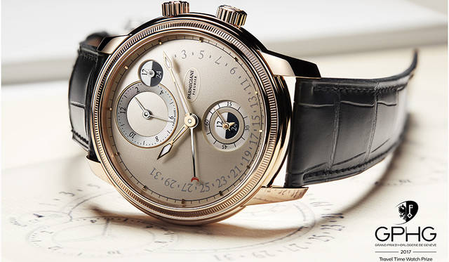 <strong>トリック エミスフェール レトログラード</strong><br><br>ムーブメント│自動巻き（Cal.PF317）<br>  機能｜GMT、レトログラード式日付表示、デイ・ナイト表示、スモールセコンド<br> パワーリザーブ｜約50時間（ツインバレル）<br> ケース素材｜18KRG<br> ケース径｜42.8mm<br> 防水｜30m<br> 価格｜275万円（税別）<br>