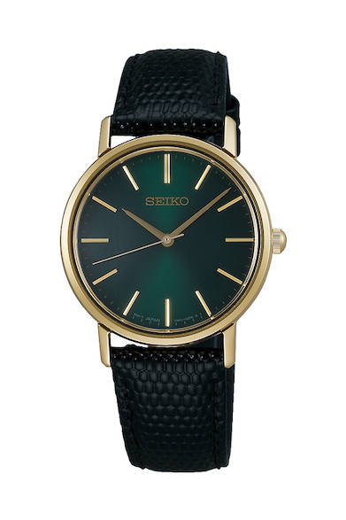 <strong>セイコー ゴールドフェザー デザイン復刻モデル</strong><br><br>  Ref.｜SCXP084<br> ムーブメント｜クオーツ（Cal.7N01）<br> ケース素材｜SS<br> ケース径｜30mm<br> ストラップ素材｜カーフ（リザード調／ブラック）<br> ダイアル｜ダークグリーン<br> 防水｜3気圧<br> 価格｜2万2000円（税別）<br>