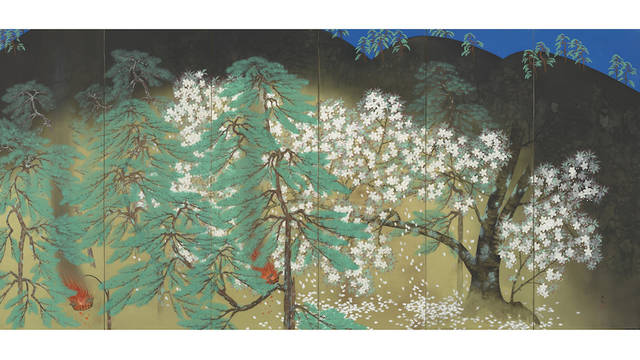 <strong>《夜桜》（右隻）</strong><br>横山大観　1929年　大倉集古館<br>東京展：5月8日～5月27日　　京都展：6月8日～7月1日