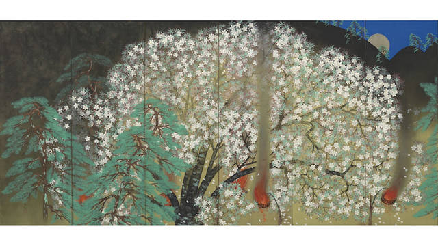 <strong>《夜桜》（左隻）</strong><br>横山大観　1929年　大倉集古館<br>東京展：5月8日～5月27日　　京都展：6月8日～7月1日