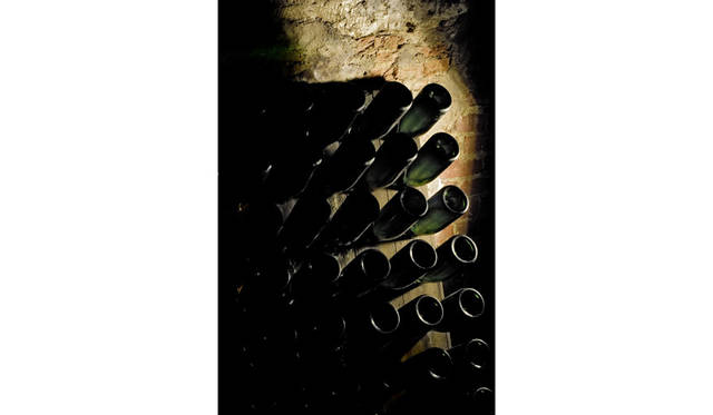 モエ・エ・シャンドンのセラーにて。瓶内二次発酵後、ボトルの口に澱を集める動瓶台。動とつくのは、斜めに刺さったボトルを少しずつ回転させ、澱を移動させるため。1800年代のシャンパーニュでの発明品のひとつ。現在はこの作業を自動化したものもある。