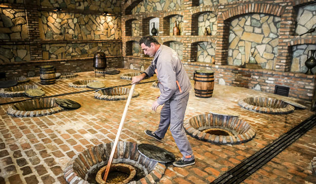 同じく「ヴァジアニ・カンパニー」から、クヴェヴリを置く醸造所「マラニ」の様子。床下の地中に埋められたクヴェヴリは発酵・貯蔵タンクとして機能する。