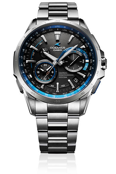 ケースとブレスレットにチタンを使用することで、重さ106gを実現。<br /><br /><strong>オシアナス OCW-G1000-1A</strong><br />ケース｜チタン（チタンカーバイト処理）<br />直径｜46.1mm<br />厚さ｜14.7mm<br />防水｜10気圧防水<br />機能｜GPS電波（時刻自動受信。位置は手動受信）、標準電波（自動受信、最大6回/日。中国のみ5回/日）、40タイムゾーン、UTC時刻表示、二都市同時表示、ホームタイムの都市入替機能。ストップウオッチ（1/20秒計測、24分計）、針位置自動補正機能、日付・曜日表示、フルオートカレンダー、バッテリー充電警告機能、ソーラー充電（タフソーラー）。<br />ブレス｜チタン（チタンカーバイト処理）<br />重さ｜106g<br />価格｜21万6000円<br /><br />カシオ計算機 お客様相談室<br />Tel. 03-5334-4869<br />http://oceanus.casio.jp