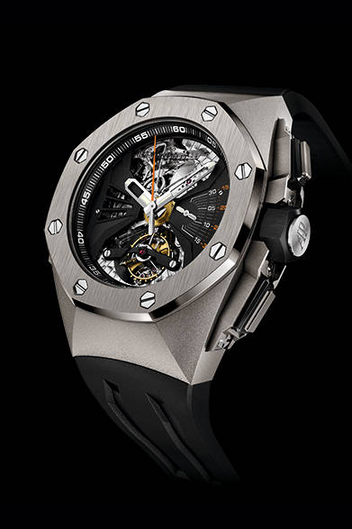 現代的なフォルムに、冴えた音色を生み出すために開発された新規技術を惜しげもなく投入した。</br></br><strong>ロイヤル オーク コンセプト RD#1</strong></br>ケース｜チタンケース</br>直径｜44mm</br>ムーブメント｜手巻き（Cal.2937）</br>機能｜ミニッツリピーター、トゥールビヨン、クロノグラフ（30分積算計）</br>ストラップ｜ブラックラバー</br>防水性｜20ｍ</br>発売時期｜未定</br>価格｜未定</br></br>オーデマ ピゲ ジャパン</br>Tel. 03-6830-0000</br>http://www.audemarspiguet.com/jp/<br/>