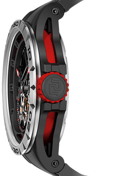 <strong>エクスカリバー スパイダー</br>ダブルフライングトゥールビヨン スケルトン</strong></br>チタン＋ブラックDLC加工チタン＋レッドアルミニウム</br>直径｜47mm</br> 厚さ｜14.35mm</br> ムーブメント｜手巻き（Cal.RD01SQ）</br> 機能｜フライングトゥールビヨン（２つのキャリッジを連動）</br> ストラップ｜ラバー</br> 防水性｜50ｍ</br> 限定数｜世界188本</br> 発売時期｜今冬予定</br>税抜予価｜3360万円</br></br>   ロジェ・デュブイ</br> Tel. 03-3288-6640</br> http://www.rogerdubuis.com/<br/>