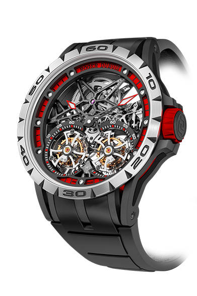 <strong>エクスカリバー スパイダー</br>ダブルフライングトゥールビヨン スケルトン</strong></br>チタン＋ブラックDLC加工チタン＋レッドアルミニウム</br>直径｜47mm</br>厚さ｜14.95mm</br>ムーブメント｜手巻き（Cal.RD01SQ）</br>機能｜フライングトゥールビヨン（２つのキャリッジを連動）</br>ストラップ｜ラバー</br>防水性｜50ｍ</br>限定数｜世界188本</br>発売時期｜今冬予定</br>税抜予価｜3360万円</br></br>ロジェ・デュブイ</br>Tel. 03-3288-6640</br>http://www.rogerdubuis.com/<br/>