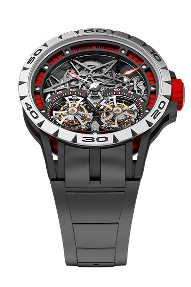 <strong>エクスカリバー スパイダー</br>ダブルフライングトゥールビヨン スケルトン</strong></br>チタン＋ブラックDLC加工チタン＋レッドアルミニウム</br>直径｜47mm</br>厚さ｜14.95mm</br>ムーブメント｜手巻き（Cal.RD01SQ）</br>機能｜フライングトゥールビヨン（２つのキャリッジを連動）</br>ストラップ｜ラバー</br>防水性｜50ｍ</br>限定数｜世界188本</br>発売時期｜今冬予定</br>税抜予価｜3360万円</br></br>ロジェ・デュブイ</br>Tel. 03-3288-6640</br>http://www.rogerdubuis.com/<br/>