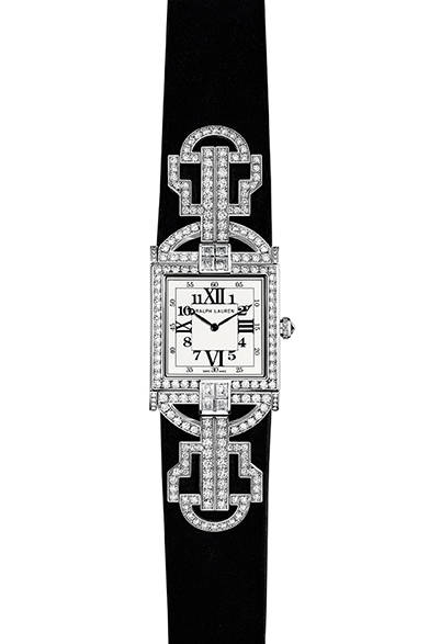 <strong>ラルフ ローレン 867 コレクション プティ ダイヤモンドモデル</strong></br>ケース｜18Kホワイトゴールド</br>サイズ｜縦21.5×横21.5mm</br>ムーブメント｜クォーツ</br>ストラップ｜ブラックスエード製ダイヤモンドセッティング</br>発売時期｜4月</br>税込予価｜583万2000円</br></br>ラルフ ローレン 表参道</br>Tel.03-6438-5800</br>http://www.ralphlaurenwatches.com<br/>