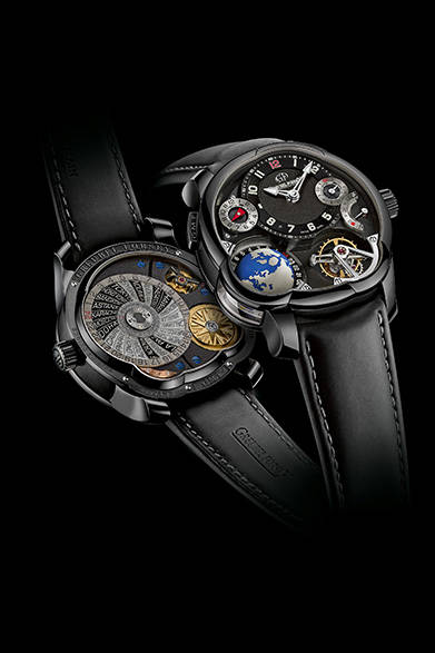 <strong>GMT ブラック</strong><br/>ケース｜ADLC加工チタニウム<br/>直径｜43.5mm<br/>厚さ｜16.14mm<br/>ムーブメント｜手巻き（Cal.GF05）<br/>機能｜トゥールビヨン（24秒周期）、パワーリザーブ表示、第２時間帯表示（時分表示横の小表示および左下の地球儀）、ワールドタイム（夏冬時間表示・裏ブタ側）<br/>ストラップ｜ラバー<br/>防水性｜３気圧<br/>限定数｜22本<br/>発売時期｜2015年秋<br/><br/>ヴィタエルーキス<br/>Tel. 03-6421-7533<br/>http://www.greubelforsey.ch/<br/>info@vitaelucis.com <br/>