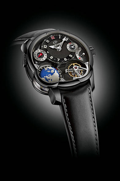 <strong>GMT ブラック</strong><br/>ケース｜ADLC加工チタニウム<br/>直径｜43.5mm<br/>厚さ｜16.14mm<br/>ムーブメント｜手巻き（Cal.GF05）<br/>機能｜トゥールビヨン（24秒周期）、パワーリザーブ表示、第２時間帯表示（時分表示横の小表示および左下の地球儀）、ワールドタイム（夏冬時間表示・裏ブタ側）<br/>ストラップ｜ラバー<br/>防水性｜３気圧<br/>限定数｜22本<br/>発売時期｜2015年秋<br/><br/>ヴィタエルーキス<br/>Tel. 03-6421-7533<br/>http://www.greubelforsey.ch/<br/>info@vitaelucis.com <br/>