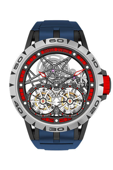 <strong>エクスカリバー スパイダー</br>ダブルフライングトゥールビヨン スケルトン</strong></br>チタン＋ブラックDLC加工チタン＋レッドアルミニウム</br>直径｜47mm</br>厚さ｜14.95mm</br>ムーブメント｜手巻き（Cal.RD01SQ）</br>機能｜フライングトゥールビヨン（２つのキャリッジを連動）</br>ストラップ｜ラバー</br>防水性｜50ｍ</br>限定数｜世界188本</br>発売時期｜今冬予定</br>税抜予価｜3360万円</br></br>ロジェ・デュブイ</br>Tel. 03-3288-6640</br>http://www.rogerdubuis.com/<br/>