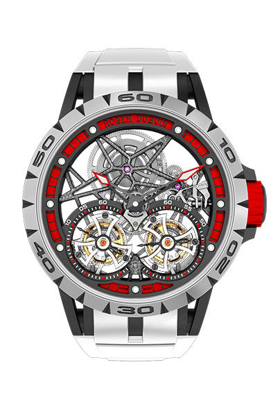 <strong>エクスカリバー スパイダー</br>ダブルフライングトゥールビヨン スケルトン</strong></br>チタン＋ブラックDLC加工チタン＋レッドアルミニウム</br>直径｜47mm</br>厚さ｜14.95mm</br>ムーブメント｜手巻き（Cal.RD01SQ）</br>機能｜フライングトゥールビヨン（２つのキャリッジを連動）</br>ストラップ｜ラバー</br>防水性｜50ｍ</br>限定数｜世界188本</br>発売時期｜今冬予定</br>税抜予価｜3360万円</br></br>ロジェ・デュブイ</br>Tel. 03-3288-6640</br>http://www.rogerdubuis.com/<br/>