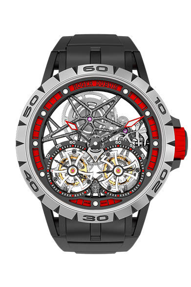 <strong>エクスカリバー スパイダー</br>ダブルフライングトゥールビヨン スケルトン</strong></br>チタン＋ブラックDLC加工チタン＋レッドアルミニウム</br>直径｜47mm</br>厚さ｜14.95mm</br>ムーブメント｜手巻き（Cal.RD01SQ）</br>機能｜フライングトゥールビヨン（２つのキャリッジを連動）</br>ストラップ｜ラバー</br>防水性｜50ｍ</br>限定数｜世界188本</br>発売時期｜今冬予定</br>税抜予価｜3360万円</br></br>ロジェ・デュブイ</br>Tel. 03-3288-6640</br>http://www.rogerdubuis.com/<br/>