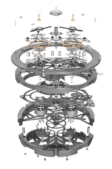 <strong>エクスカリバー スパイダー</br>ダブルフライングトゥールビヨン スケルトン</strong></br> ムーブメント｜手巻き（Cal.RD01SQ）</br> 機能｜フライングトゥールビヨン（２つのキャリッジを連動）</br>防水性｜50ｍ</br> 限定数｜世界188本</br> 発売時期｜今冬予定</br></br>  ロジェ・デュブイ</br> Tel. 03-3288-6640</br> http://www.rogerdubuis.com/<br/>