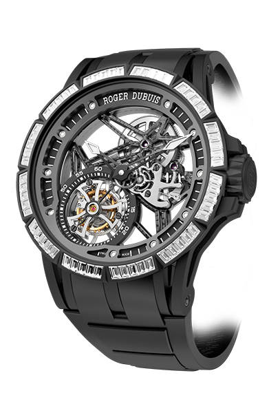 弾力のあるラバーコートを施したベゼルに、60個ものバケットダイヤモンドがしっかりセット。</br></br> <strong>エクスカリバー スパイダー フライングトゥールビヨン スケルトン ジェムセット ラバーベゼル</strong></br>ケース｜ブラックDLC加工チタン、ラバーベゼルに60個のダイヤモンドをセッティング（世界初）</br> 直径｜45mm</br>厚さ｜13.75mm</br> ムーブメント｜自動巻き（Cal.RD505SQ）</br> 機能｜フライングトゥールビヨン</br> ストラップ｜ラバー</br> 防水性｜50ｍ</br> 限定数｜世界88本</br> 発売時期｜今冬予定</br>税抜予価｜2220万円</br></br>ロジェ・デュブイ</br> Tel. 03-3288-6640</br> http://www.rogerdubuis.com/<br/>
