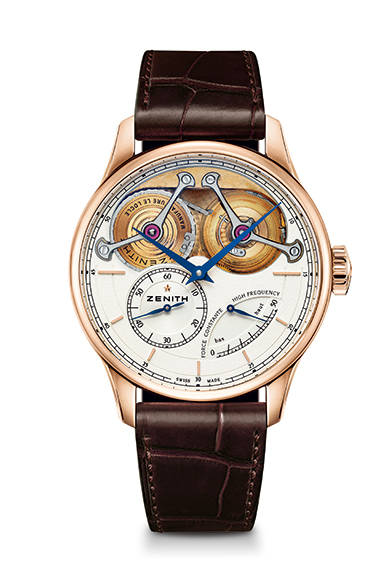 <strong>アカデミー ジョルジュ・ファーブル=ジャコ</strong><br/>ケース｜18Kローズゴールド<br/>直径｜45mm<br/>厚さ｜14.35mm<br/>ムーブメント｜手巻き（Cal.エル・プリメロ4810）<br/>機能｜フュゼ・チェーン・トランスミッション、パワーリザーブ表示<br/>ストラップ｜アリゲーター<br/>防水性｜3気圧<br/>限定数｜150本<br/>発売時期｜発売中<br/>税抜予価｜725万円<br/><br/>LVMH ウォッチ・ジュエリー ジャパン ゼニス<br/>Tel. 03-5524-6420<br/>http://www.zenith-watches.com/jp_jp<br/>