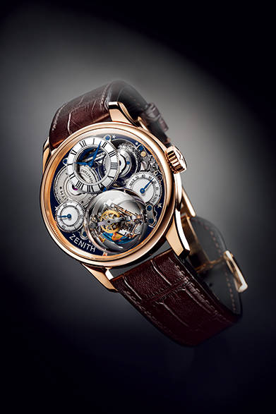 エル・プリメロのハイビートと鎖引き機構やグラビティ・コントロールを融合させた記念限定モデル。<br/><br/><strong>アカデミー クリストファー コロンブス・ハリケーン グラン ボヤージュⅡ</strong><br/>ケース｜18Kローズゴールド<br/>直径｜45mm<br/>厚さ｜14.635mm（６時位置のドーム部分は22mm）<br/>ムーブメント｜手巻き（Cal.エル・プリメロ8805）<br/>機能｜フュゼ・チェーン・トランスミッション、グラビティ コントロール、パワーリザーブ表示<br/>ストラップ｜アリゲーター<br/>防水性｜3気圧<br/>限定数｜10本<br/>発売時期｜受注生産<br/>税抜予価｜3100万円<br/><br/>LVMH ウォッチ・ジュエリー ジャパン ゼニス<br/>Tel. 03-5524-6420<br/>http://www.zenith-watches.com/jp_jp<br/>