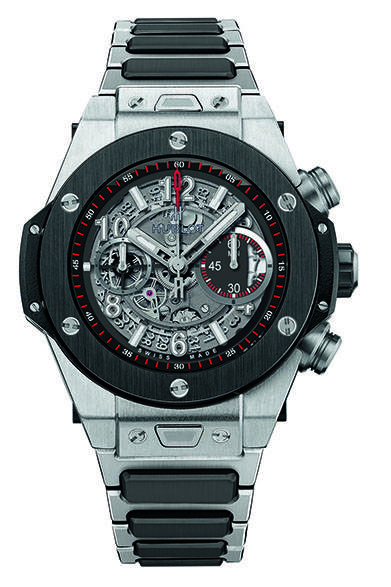 <strong>ビッグ・バン ウニコ チタニウム セラミック ブレスレット</strong><br/>ケース｜チタニウム（ポリッシュ＆サテン仕上げ）<br/>直径｜45mm<br/>ムーブメント｜自動巻き（Cal.HUB1242 UNIKCO）<br/>機能｜クロノグラフ（30分積算計、フライバック機能付き）<br/>ストラップ｜ブラックラバー＋チタン＋ブラックセラミック<br/>防水性｜100ｍ<br/>発売時期｜今秋予定<br/>税込予価｜246万2400円<br/><br/>LVMH ウォッチ・ジュエリー ジャパン ウブロ<br/>Tel. 03-3263-9566<br/>http://www.hublot.com/<br/>