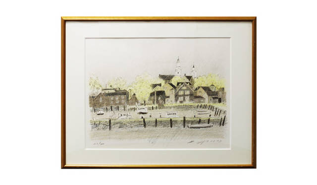 アートイベント「100 names small art collection ＠ arflex shop」<br /><strong>「港の風景」安野光雅</strong>　1926年島根に生まれる。画家、装幀家、絵本作家。現在は東京都小金井市在住。文化功労者。35歳のとき教師を辞して絵描きとして自立。1968年、42歳のときに刊行された最初の絵本『ふしぎなえ』(福音館書店)で絵本作家としてのデビュー。原色や派手な色をほとんど使わない淡い色調の水彩画で、細部まで書き込まれながらも落ち着いた雰囲気の絵を描く