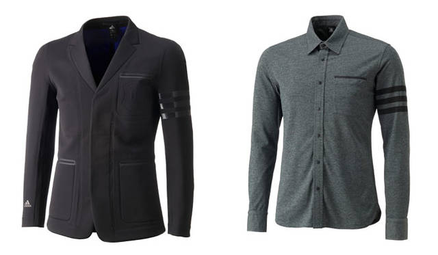 左／今コレクションのアイコニックなジャケット。2枚のメッシュをフィルムで張り合わせた特殊3層素材を採用し、吸汗、速乾性と防風性をもちあわせる。ポケットなど、ほとんどのパーツが無縫製でつけられている。「M PRMEXP ブレザー by UNITED ARROWS」5万2920円<br>右／吸汗、速乾機能の素材を使った、シャンブレー調のトラッドスタイルのシャツ。裾とポケット口にはレーザーカットを採用するなど、スポーティなディテールにも注目。「M PRMEXP シャツ by UNITED ARROWS」1万7280円