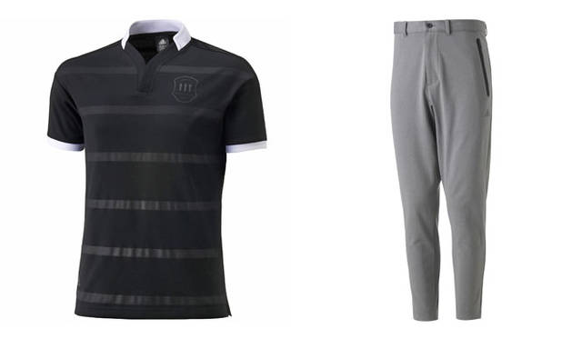 左／実際のラグビーシャツなどに使われている耐久素材 “パズモ” を採用。オールブラックスへのオマージュとして用いられた小襟がアクセント。表面にはエンボスの凹凸があり、ソリッドな素材感のなかにアクションをつけている。「M PRMEXP ラグビーシャツ by UNITED ARROWS」1万5120円<br>右／吸汗、速乾性をもったストレッチ抜群のニットを採用。レーザーカットのハンドポケットはクラシックな雰囲気のパンツにスポーティな印象をプラス。「M PRMEXP パンツ by UNITED ARROWS」1万9440円