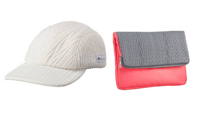 左／今季のトレンドでもあるクラシックなテニスルックに合わせるキャップ。「プレミアムキャップ UA by UNITED ARROWS」4212円<br>右／ケーブルニット調の吸汗、速乾素材を採用し、合皮とのコンビネーションで高級感を演出したクラッチバッグ。「プレミアムクラッチバッグUA by UNITED ARROWS」8532円