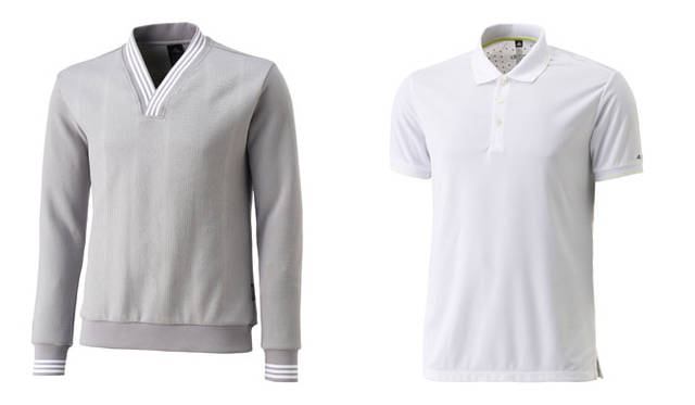 左／クラシックなテニスルックを最新のスポーツテクノロジーで表現。襟はシャツなどをレイヤードしやすいように、広めのVネックを採用。「M PRMEXP テニストップ by UNITED ARROWS」1万9440円<br>右／モダナイズドされたシルエットで、アクセントの蛍光ラインに特徴のあるポロシャツ。優れた熱伝導性能と吸汗速乾機能でサラサラとして涼しい着心地を生み出す。「M PRMEXP ポロシャツ by UNITED ARROWS」9612円