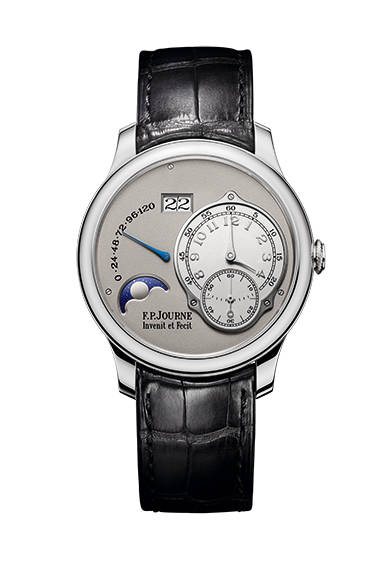 <strong>ヌーベル オクタ・リュヌ</strong><br/>ケース｜プラチナ<br/>直径｜40mmまたは42mm<br/>厚さ｜10.07mm<br/>機能｜ムーンフェイズ、ビッグデイト、パワーリザーブ表示、スモールセコンド<br/>パワーリザーブ｜160時間±12時間（120時間表示）<br/>ストラップ｜アリゲーター<br/>発売時期｜2015年春予定<br/>税抜予価｜未定<br/><br/>F.P.ジュルヌ東京ブティック<br/>Tel. 03-5468-0931<br/>http://www.fpjourne.co.jp<br/>
