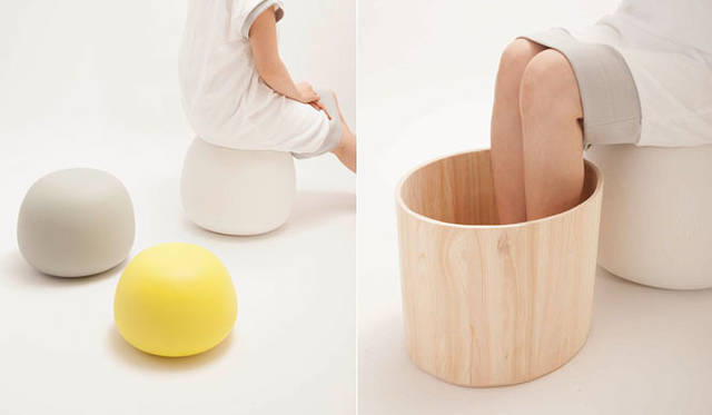 <strong>日本の湯道具ブランド「YUIRO」</strong><br>左／「バスクッション 湯玉」。道後温泉では勢い良く湧き出た温泉の湯を「湯玉（ゆだま）」と呼び、昔から人びとに親しまれている。クッション性のあるバススツールは、湯玉がモチーフ。右／「座桶」
