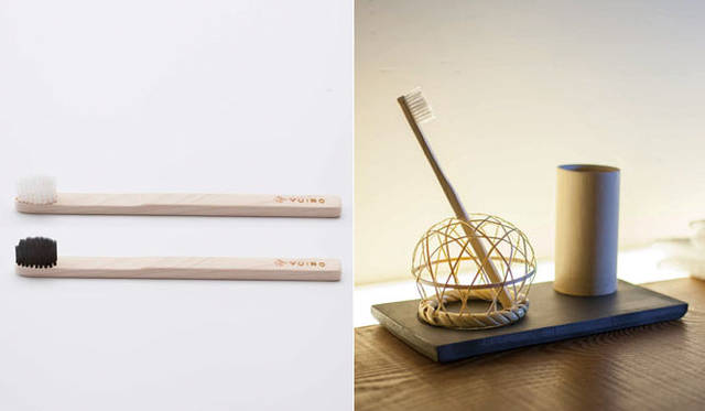 <strong>日本の湯道具ブランド「YUIRO」</strong><br>左／「木製歯刷子」。自然素材を持ち手に使用し、見た目だけでなく使用する上でも優しい歯ブラシ。古来、人びとは細い木の枝を噛むことで歯を磨いていたと言われている。右／「歯刷子トレイ」。750年の歴史のある愛媛の菊間瓦と宙編という伊予竹工芸による歯ブラシトレイ。瓦の吸湿性を活かし、表面には刺し子柄をあしらった速乾性のあるトレイで、職人による手仕事と自然素材に敬意を表したプロダクト。