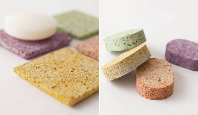 <strong>日本の湯道具ブランド「YUIRO」</strong><br>左／「染軽石トレイ」。天然の色素で染色した軽石。愛媛産の野菜や果物の皮を一緒に煮込むことで、軽石がおいしそうなテクスチャーに。ソープディッシュとして使用できる。右／「染軽石」。天然の色素で染色した軽石。テクスチャーは「染軽石トレイ」と同様で、角質のケアに使用できる。