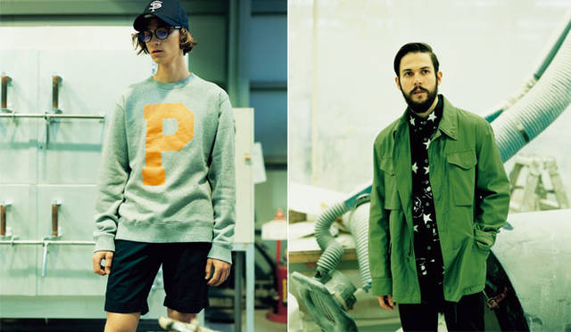 左／スウェット2万520円、ショーツ1万8360円、ニューエラ別注キャップ7560円、眼鏡2万5920円、右／ブルゾン5万8320円、シャツ2万7000円、パンツ2万7000円