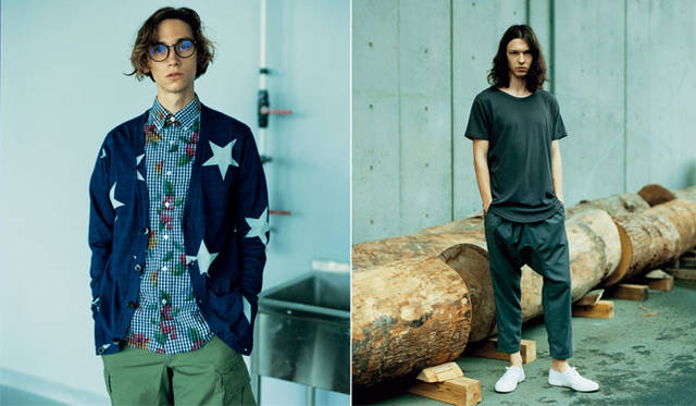 左／カーディガン2万5920円、シャツ2万3760円、パンツ2万7000円、眼鏡2万5920円、右／Tシャツ8640円、パンツ2万7000円、スペルガ別注スニーカー1万1880円