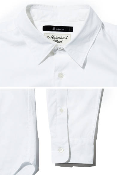 襟は、適度なカーブを描く台襟を採用し、第一ボタンを開けても広がりすぎず、きれいな形をキープする。シングルのカフは、丁寧なステッチが印象的